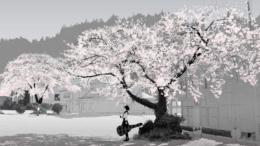 خلفيات انمي: فتاة تحت شجرة وردية مع جيتار