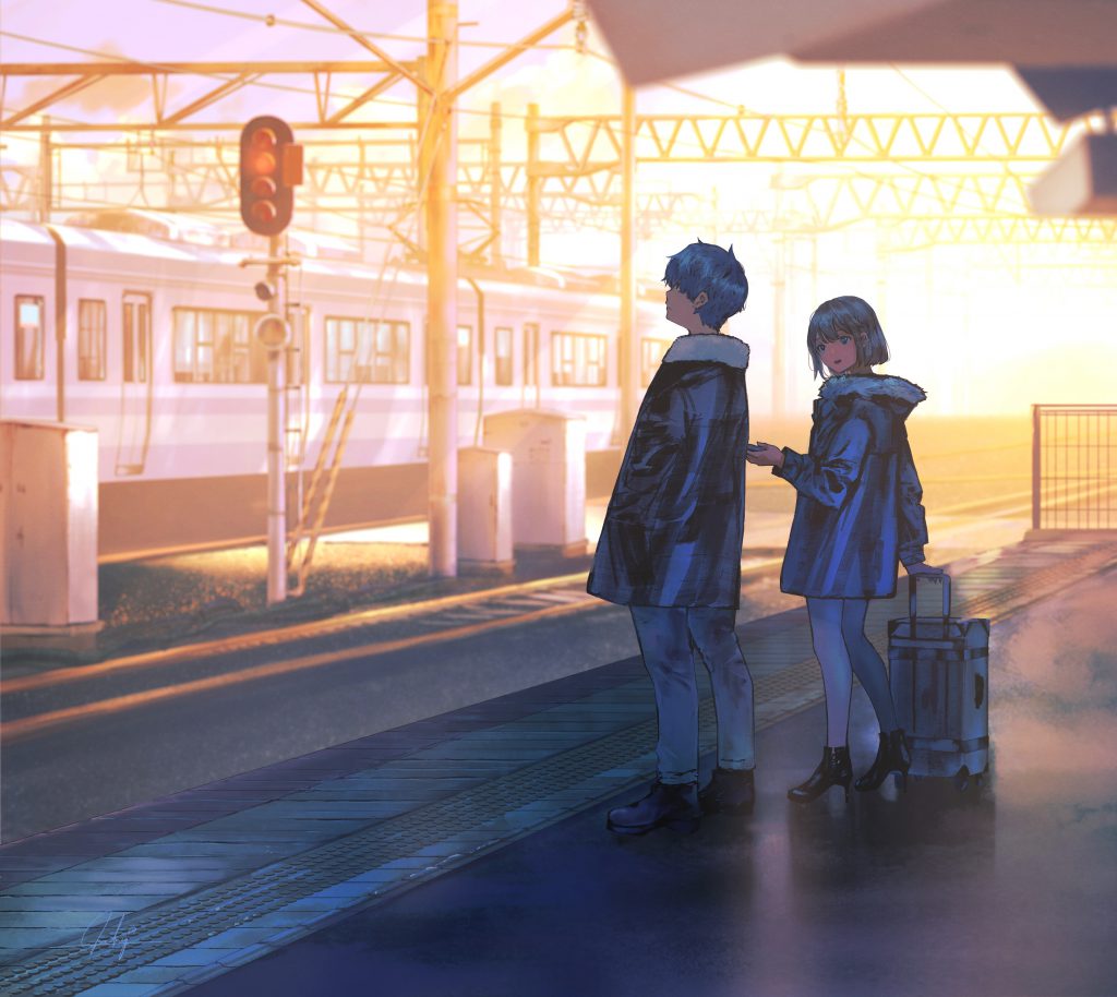 خلفيات انمي: فتى وفتاة في محطة القطار