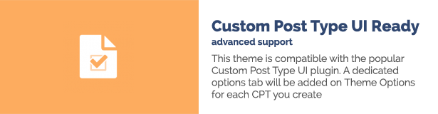 هذا الموضوع متوافق مع المكون الإضافي Custom Post Type UI الشهير.  ستتم إضافة علامة تبويب خيارات مخصصة إلى خيارات الموضوع لكل CPT تقوم بإنشائه