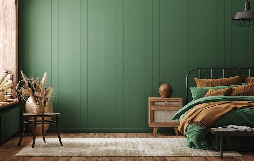 غرفة نوم مع مزيج اللون الأخضر