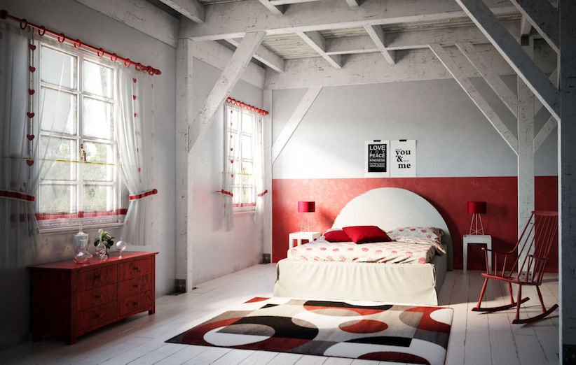 غرفة نوم مع مزيج اللون الأحمر